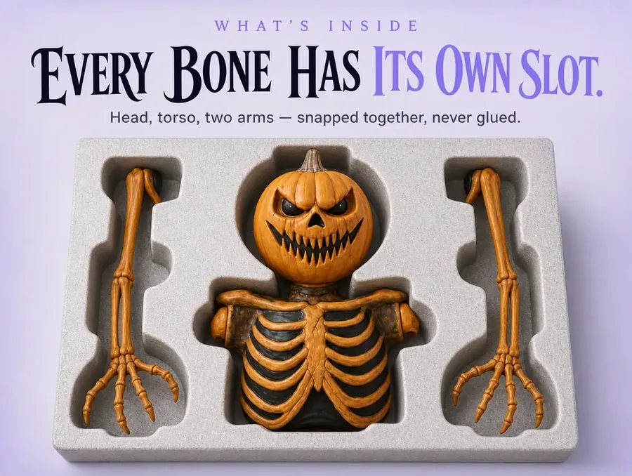 The pumpkin head, ribcage torso and two arms organized in a foam shipping tray.