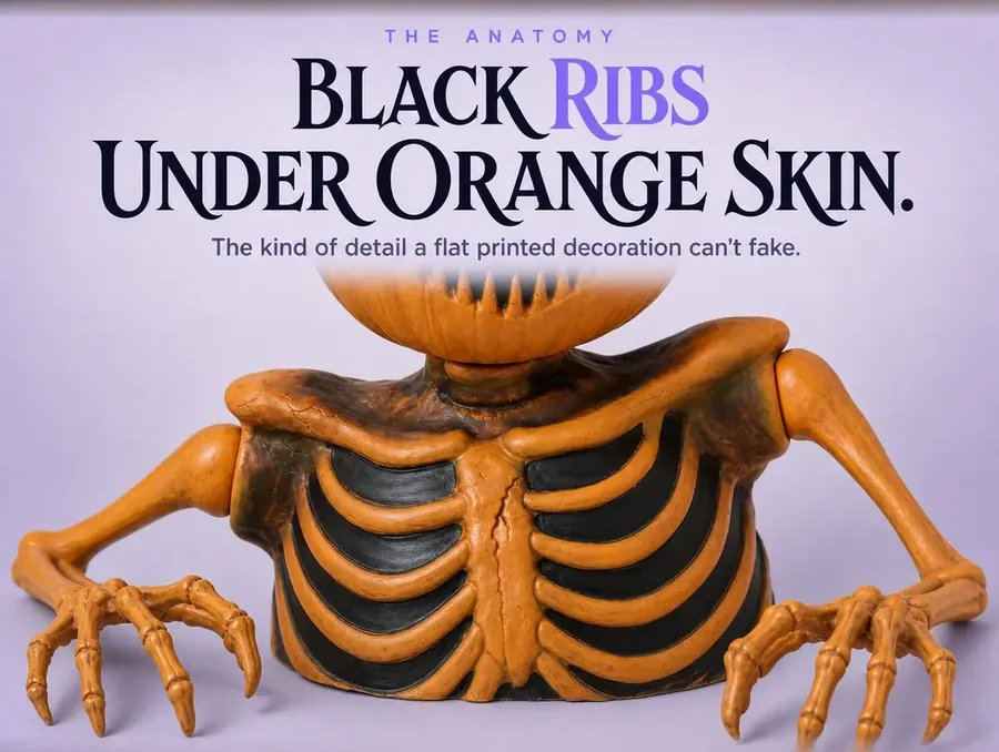 Macro of the black-painted gaps between the carved orange ribs on the torso.