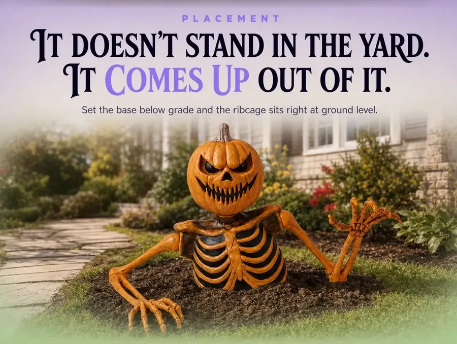 The groundbreaker set beside a garden walkway, rising from a mound of soil in daylight.