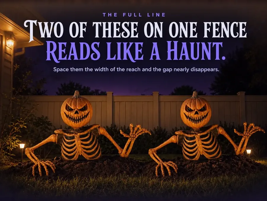 Two groundbreakers lit by porch light along a fence line at night.