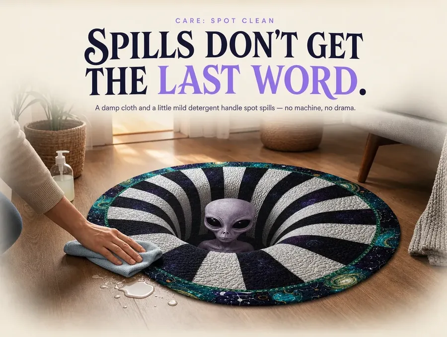 Hand spot-cleaning a small spill on the edge of the illusion rug with a damp cloth.