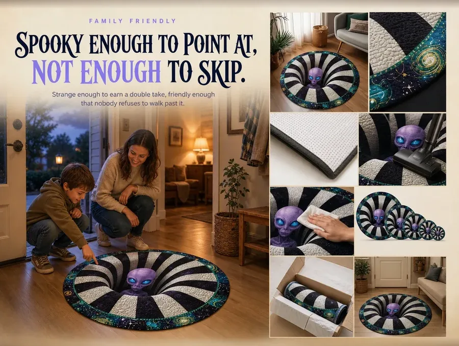 A parent and child pointing at the spiral pattern on the purple alien illusion rug in an entryway.