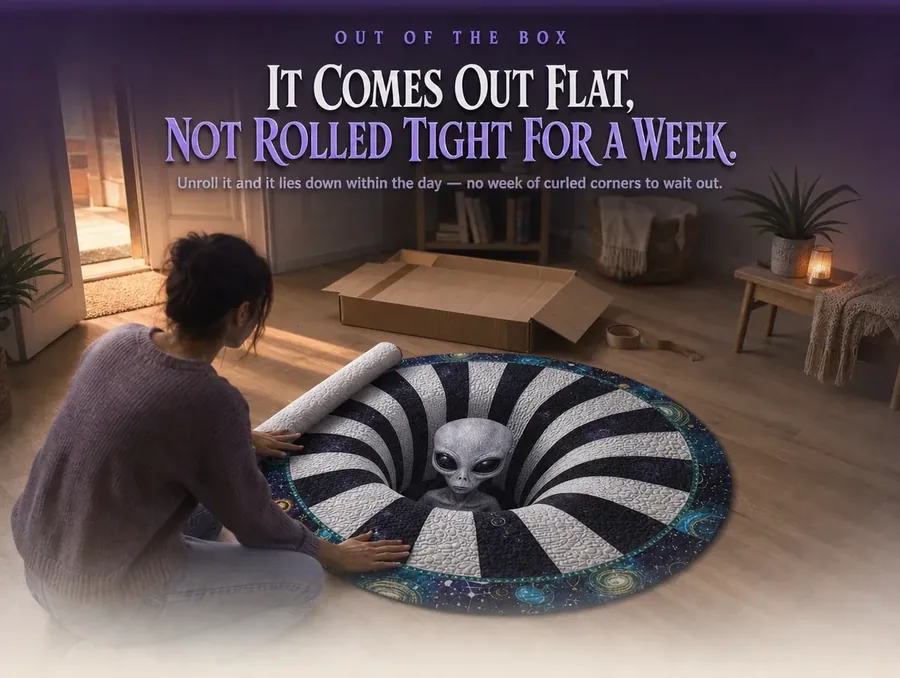 Unrolling the purple alien spiral illusion rug from its shipping box in bright morning light.