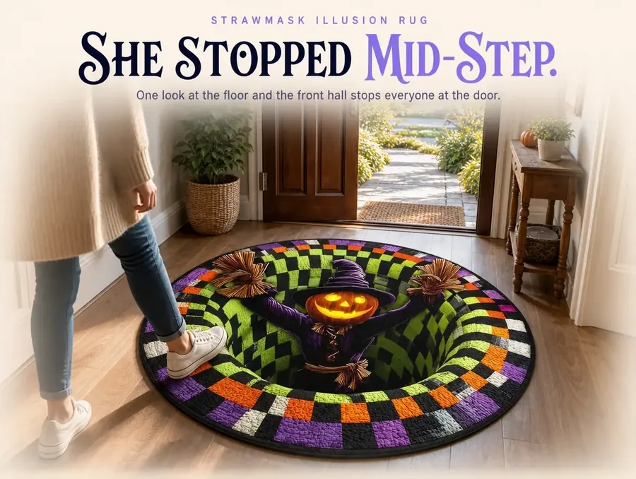 A sneakered foot hovering above a round rug printed to look like a hole in a checkerboard floor
