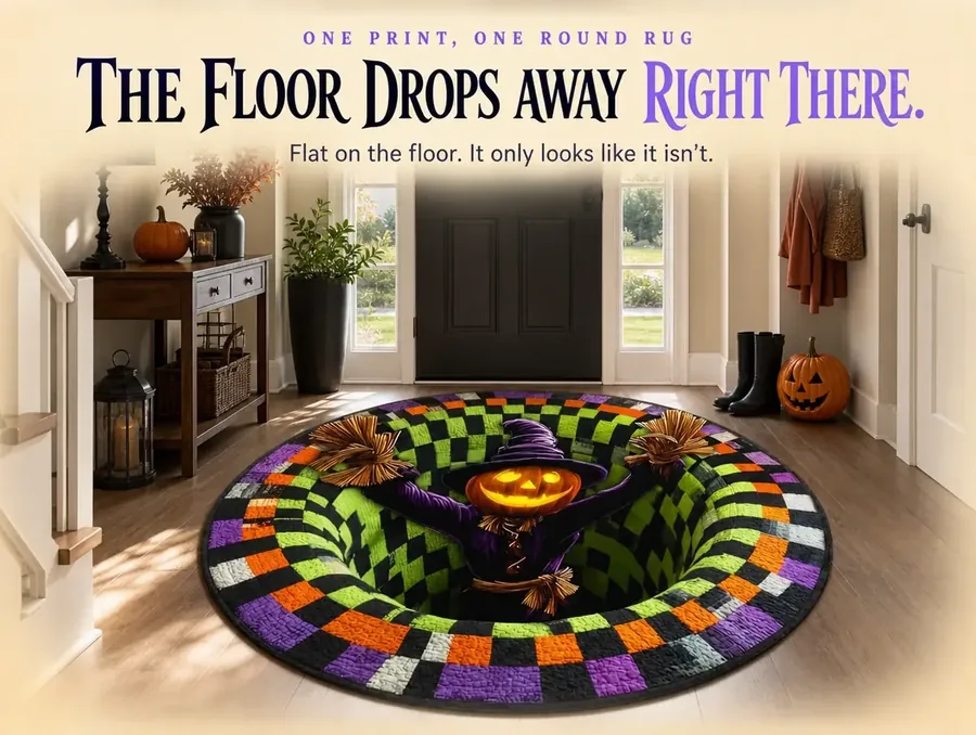 A round entryway rug whose checkerboard print makes the floor appear to open into a pit