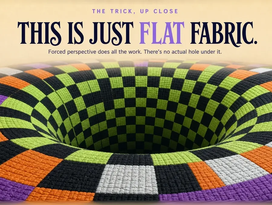 Macro view of a purple, green, orange and black checkerboard pattern folding inward in forced perspective