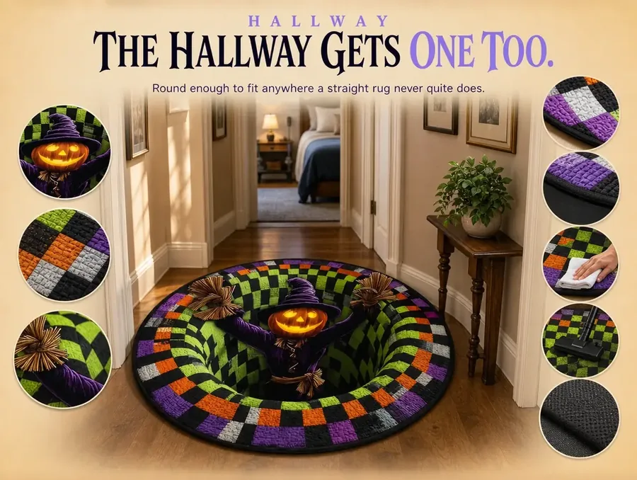 A hallway floor where a round checkerboard illusion rug marks the turn toward a bedroom