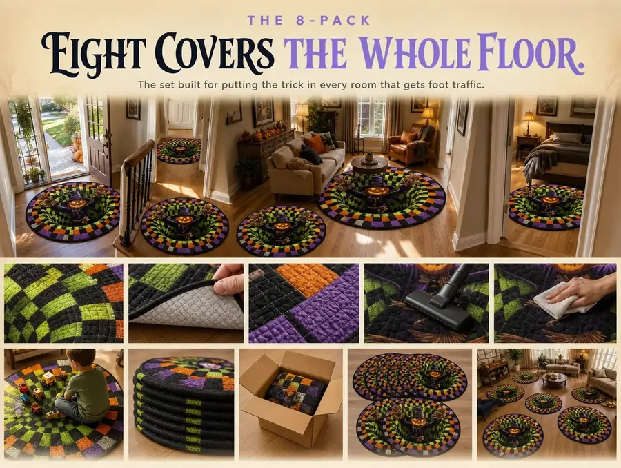 An elevated view of a house's main floor with eight matching illusion rugs placed through it