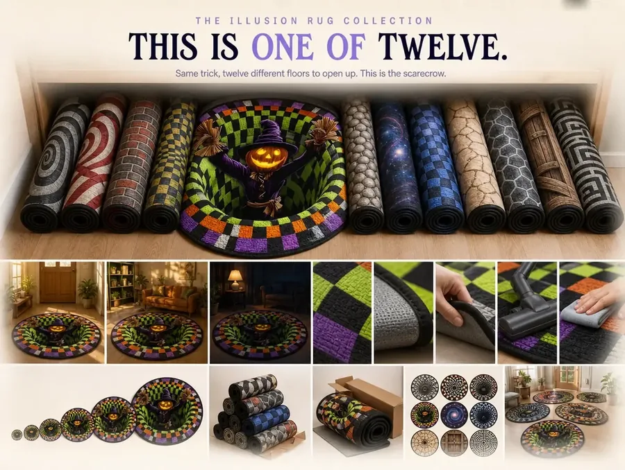 A shelf of twelve rolled illusion rugs with one partly unrolled to show its checkerboard design