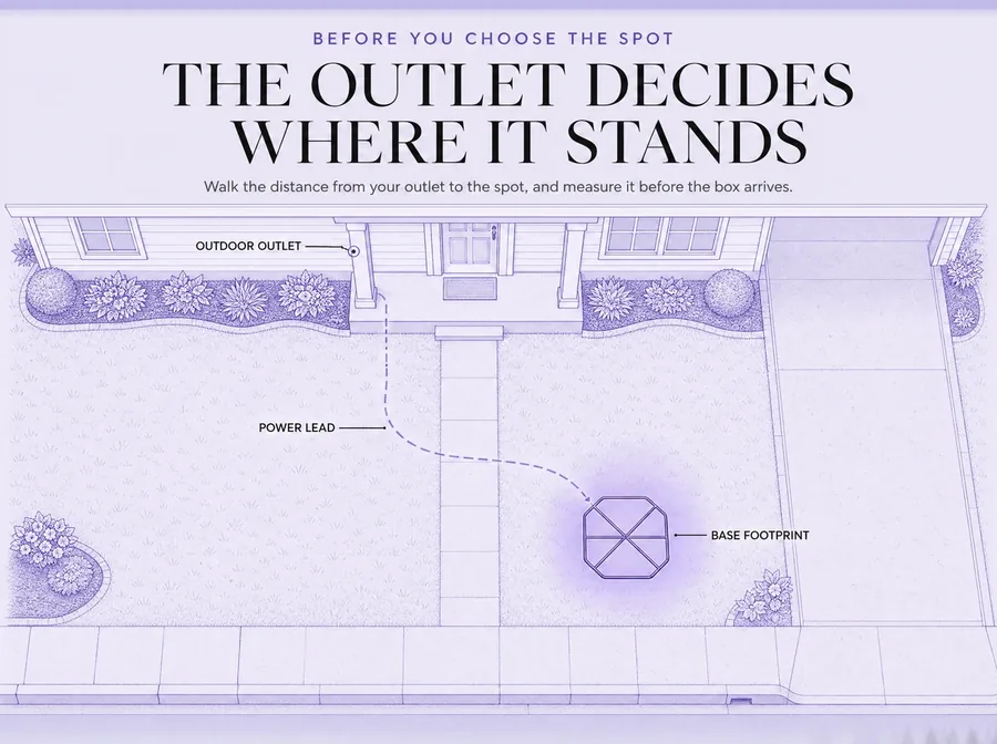The outlet decides where it stands. Walk the distance before the box arrives