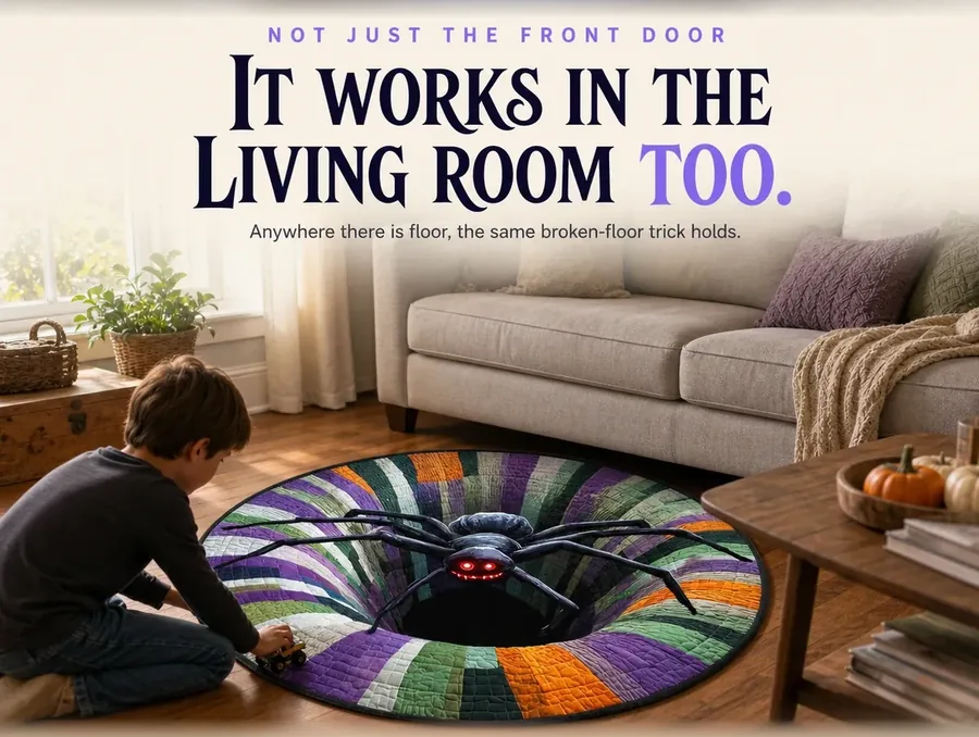 The spider illusion rug placed in front of a couch in a sunlit midday living room.