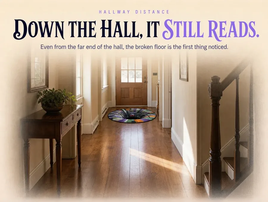 A long hallway with the illusion rug near a doorway at the far end, lit by midday side light.