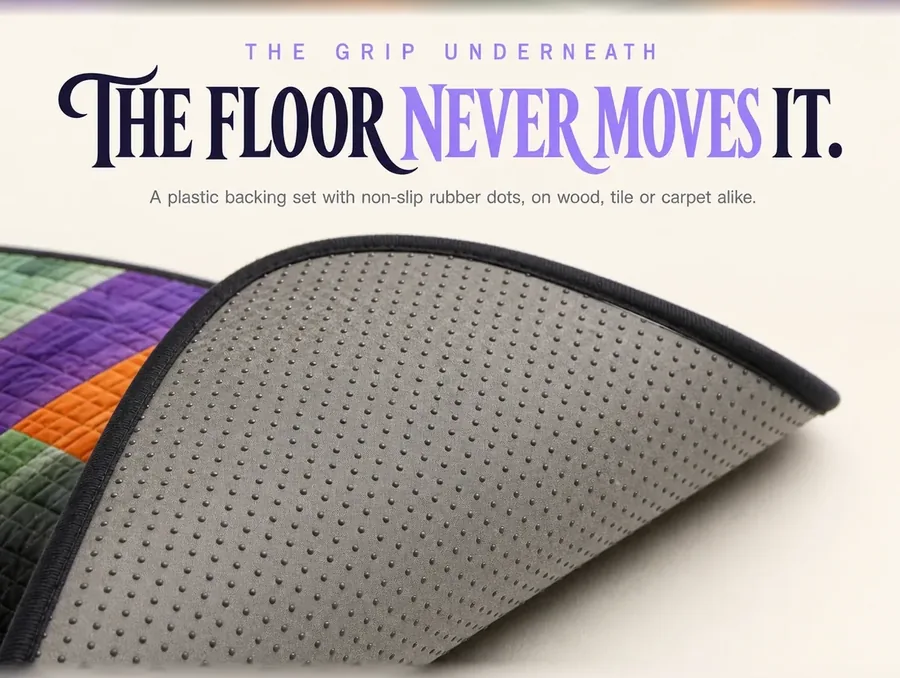 The illusion rug's corner turned over to show its plastic backing covered in non-slip rubber dots.