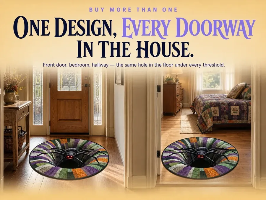 The same spider illusion rug placed at two different doorways of one house in late-afternoon light.