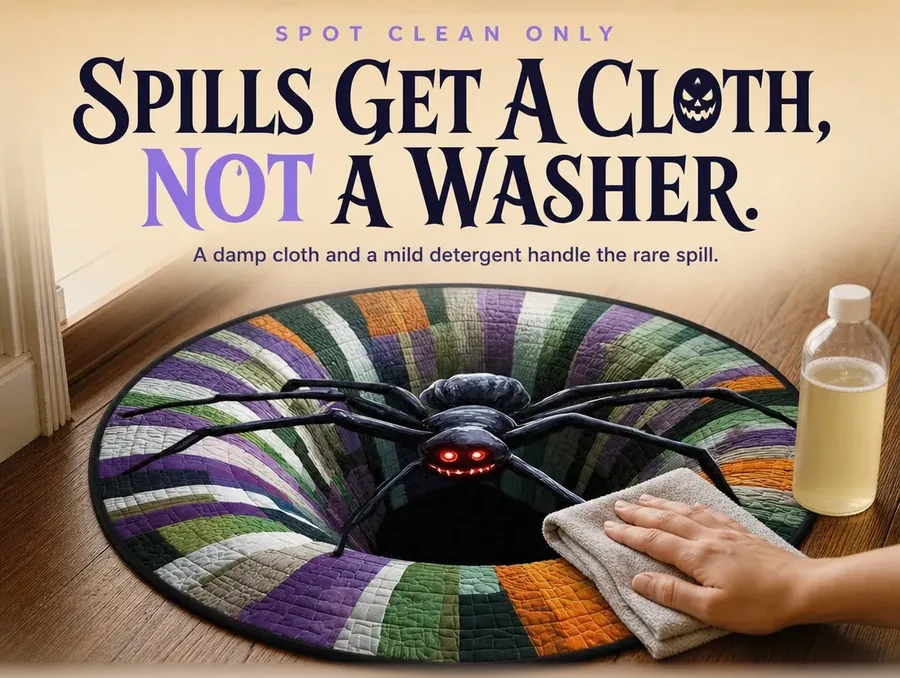 Close-up of a damp cloth spot-cleaning a corner of the illusion rug beside a bottle of mild detergent.