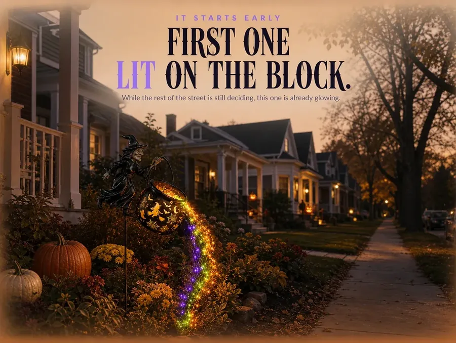 A row of front yards at dusk, the cauldron stake the first one glowing on the block