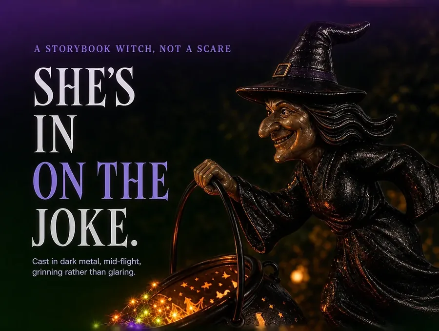 Close-up of the cast-metal witch figure's smiling face lit by a warm amber glow