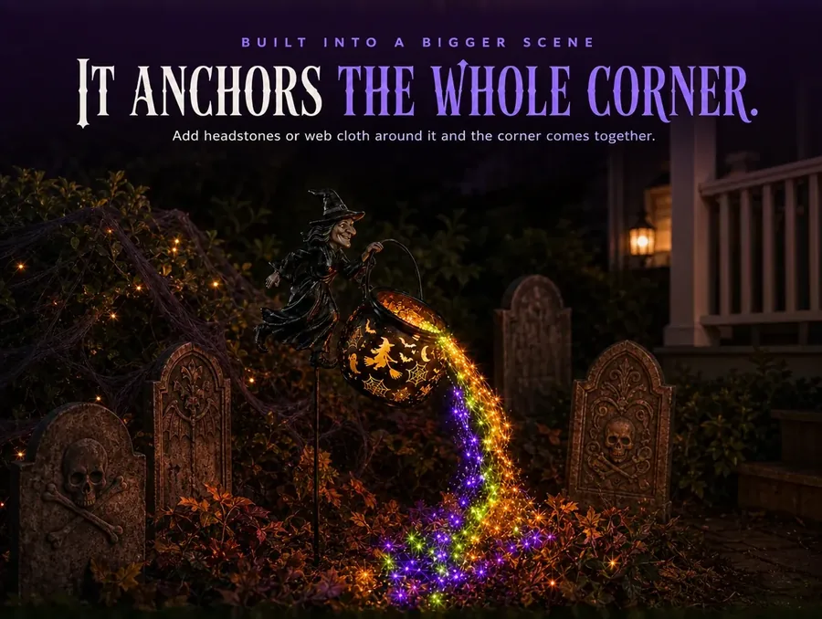 The cauldron stake at night surrounded by headstone props and spiderweb cloth