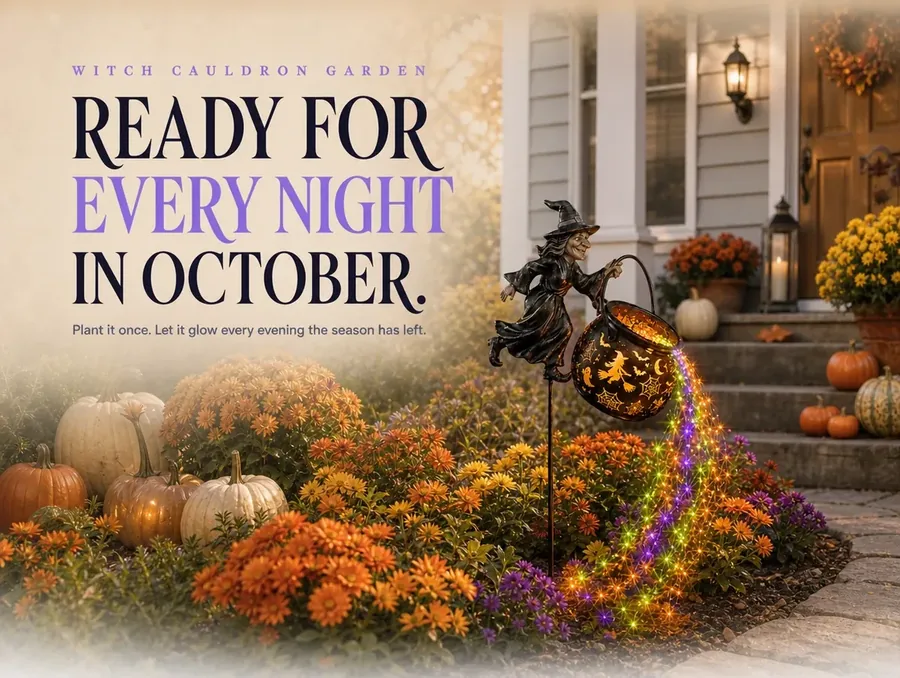 A cheerful fall garden with pumpkins and the unlit cauldron stake waiting for evening
