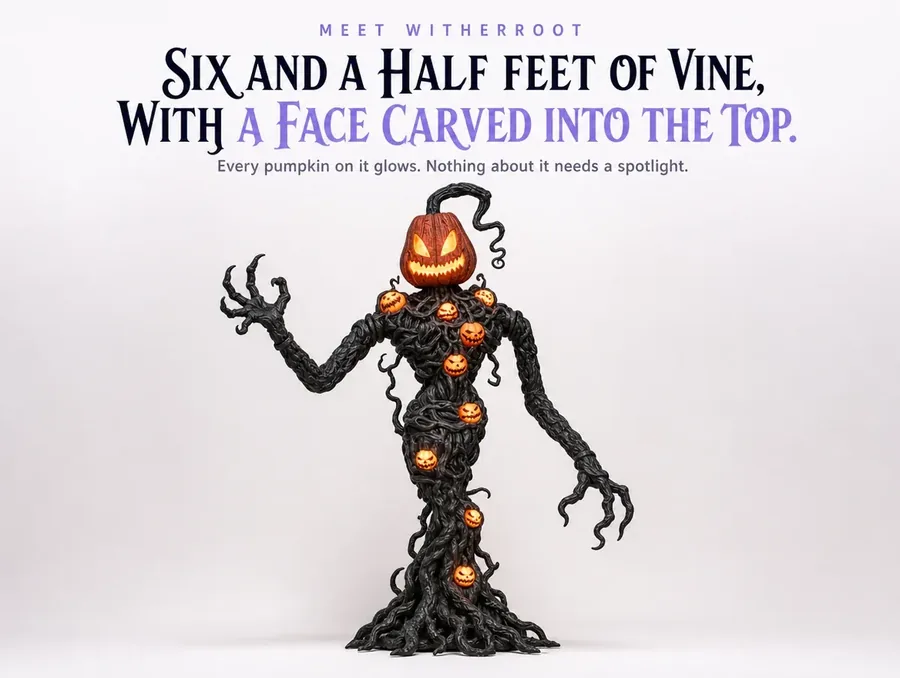 The full black vine creature standing tall, its carved pumpkin head and body glowing warm orange on a bright background.