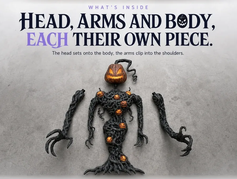 The pumpkin head, vine body and arms laid out flat on a garage floor before assembly.