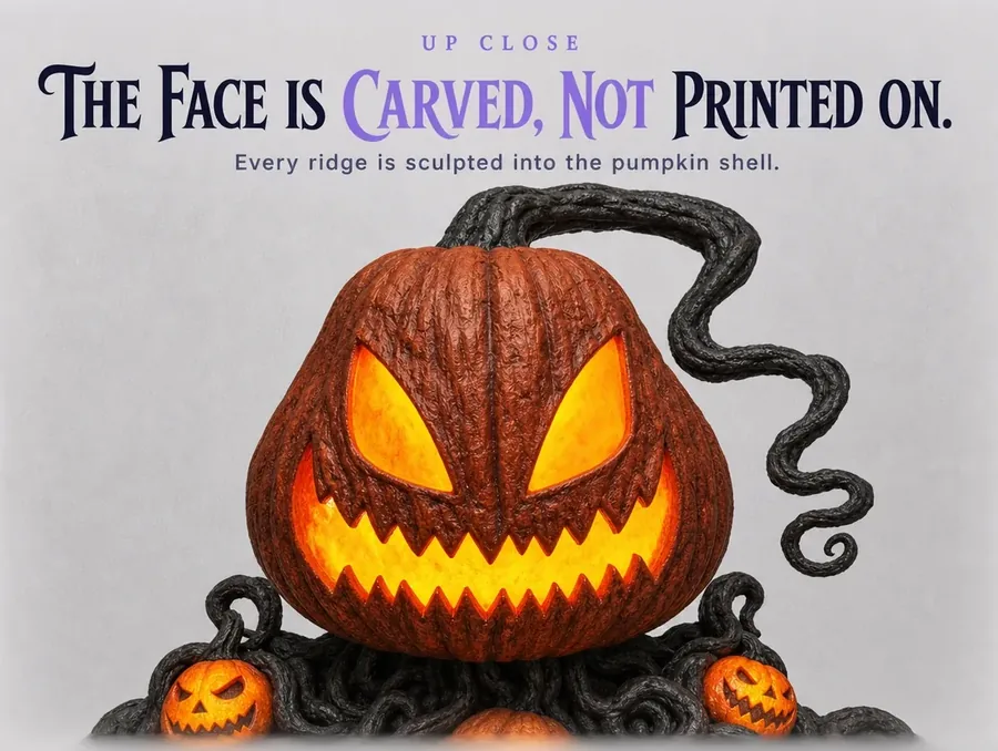 Extreme close-up of the carved pumpkin head with its glowing jagged eyes and mouth.