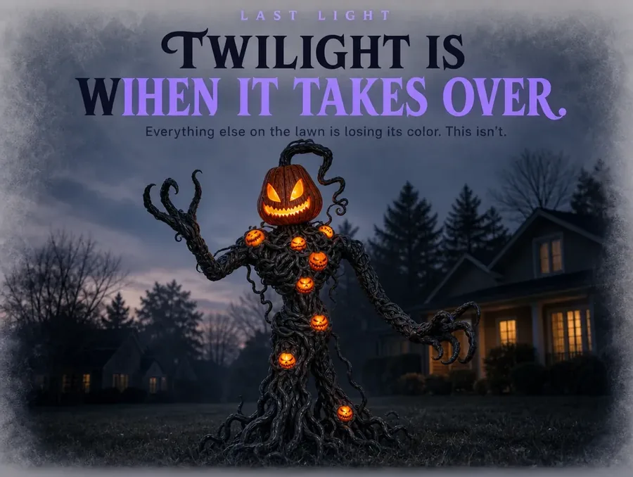 The vine creature's glow standing out clearly as twilight settles over the yard.