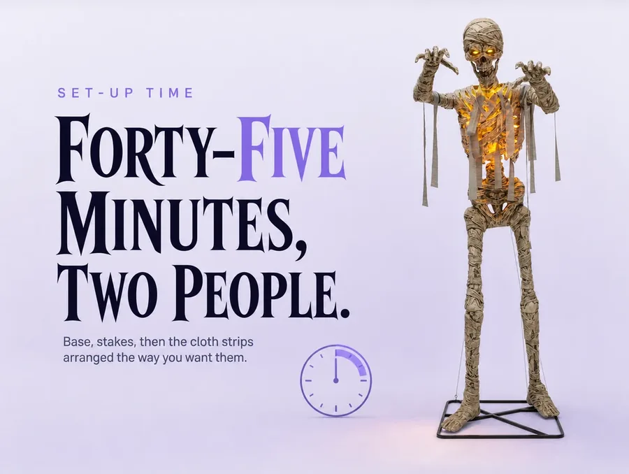The mummy cut out on a pale ground beside a simple violet clock graphic showing elapsed time.