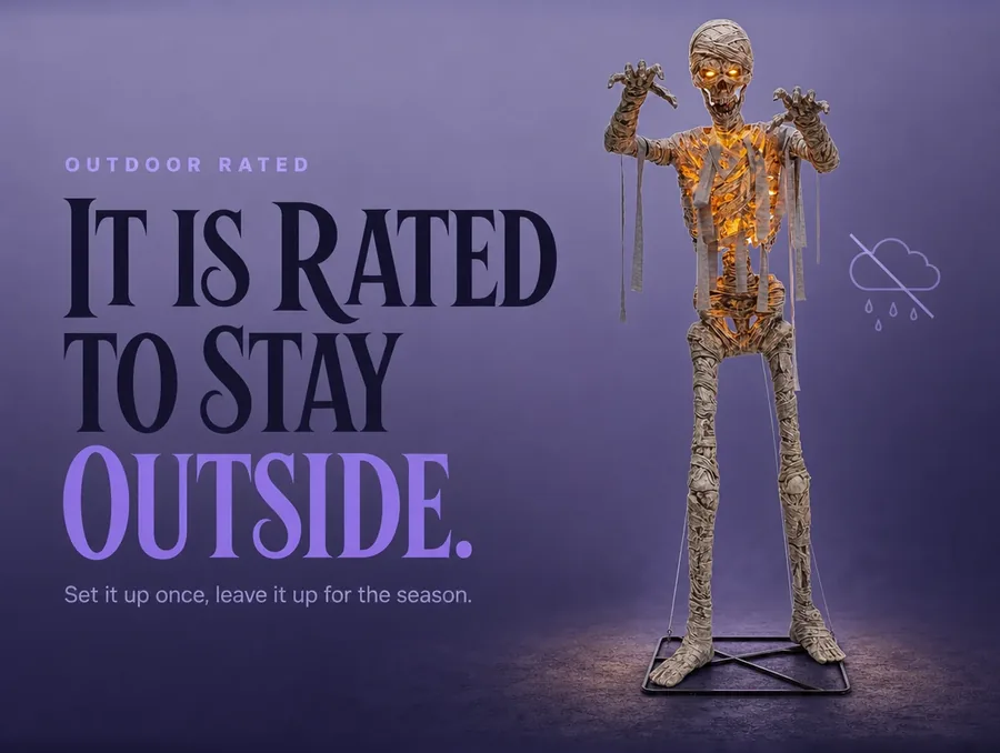 The mummy beside a simple crossed-out raincloud graphic, marking it as outdoor rated.
