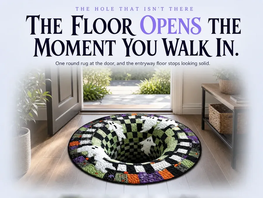 A round rug printed with ghosts leaping from a checkerboard hole, laid across a bright entryway floor by an open front door.