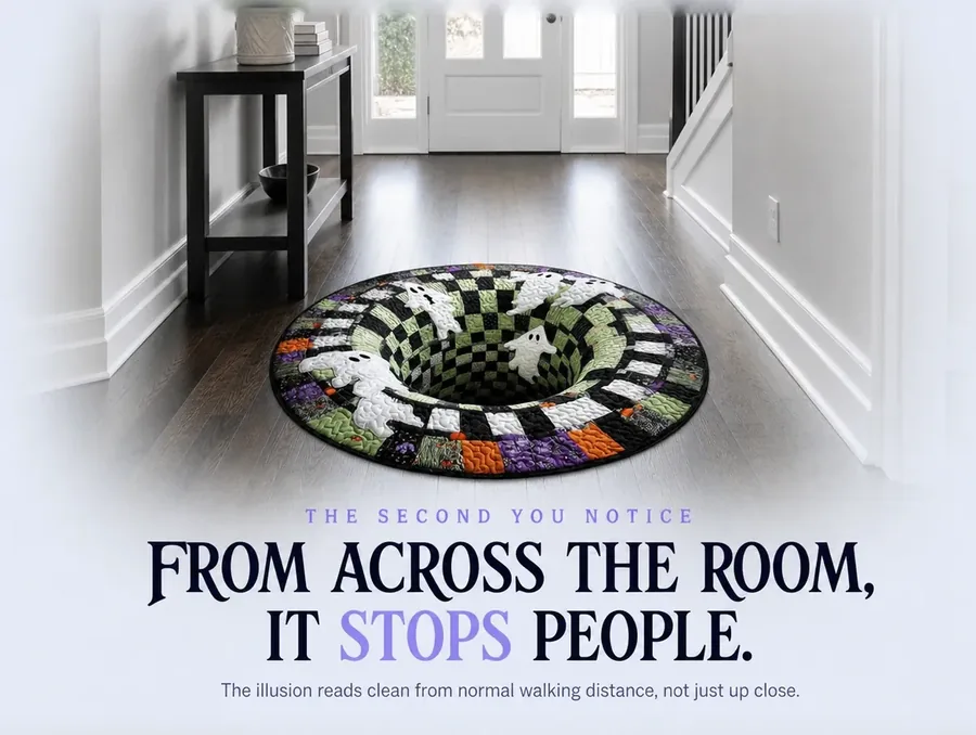 A hallway view of the illusion rug from a few steps away, the checkerboard hole and ghosts already unmistakable underfoot.