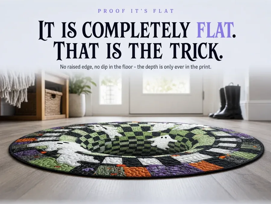 A low side-on angle proving the illusion rug lies perfectly flat against the floor despite the printed hole.