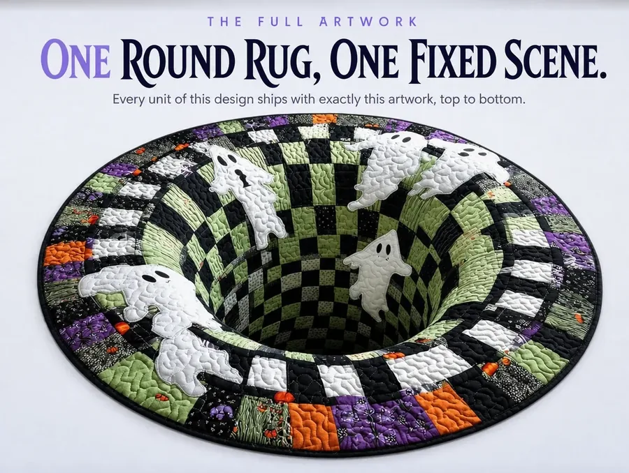A straight-down overhead view of the full round rug showing the checkerboard hole and rising ghost figures.