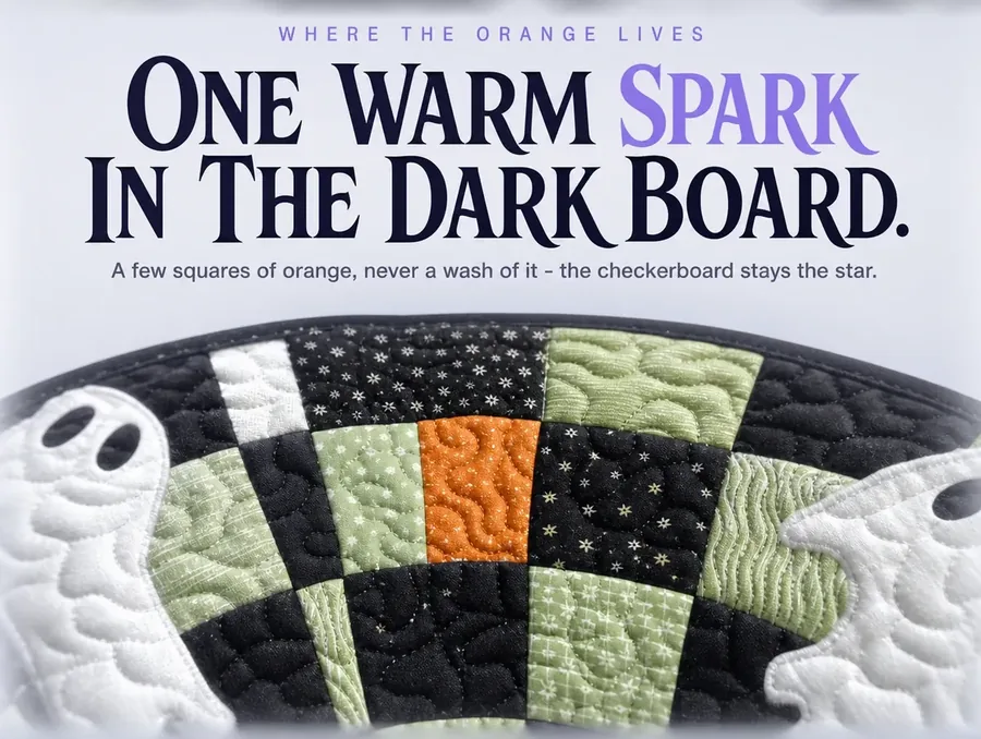 A macro crop on the small orange accent touch printed into a corner of the black-and-olive checkerboard.