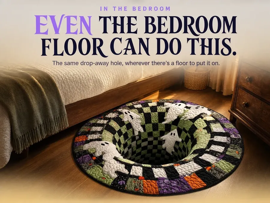 The illusion rug at the foot of a bed, warm afternoon light picking out its ghost and checkerboard print.