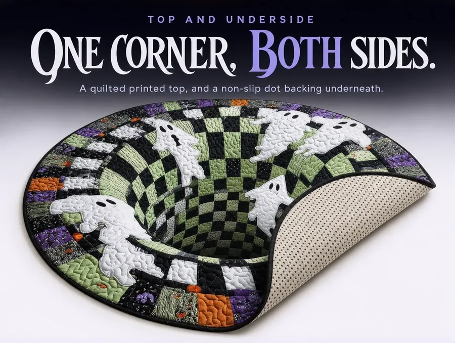 A studio shot of the rug's corner peeled back, showing the printed top and the non-slip dot plastic backing.