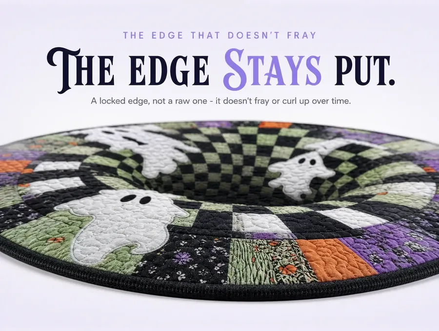 A studio macro on the rug's tightly bound outer edge, showing no fraying or curling along the finish.