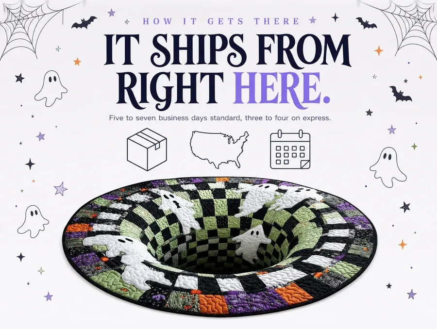 A flat line-art panel showing a shipping carton, a United States map and a calendar with delivery windows.