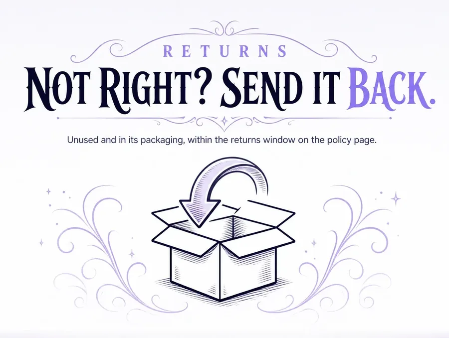 A flat line-art panel of an open box with a curved return arrow, set on a plain off-white ground.