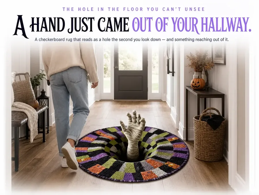 A checkerboard optical-illusion rug in a home hallway with a bandaged hand appearing to reach out of a printed hole.