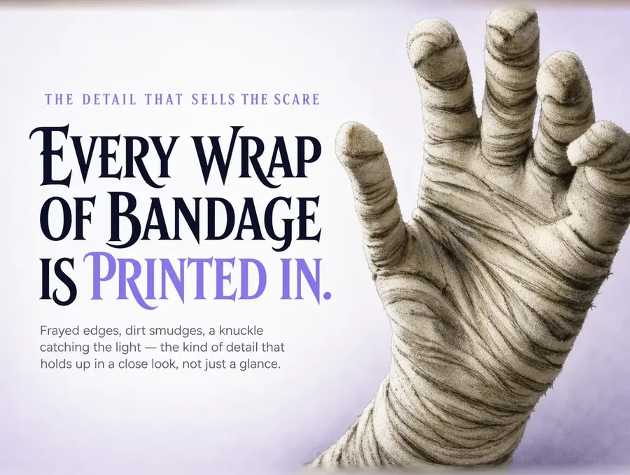 Extreme close-up of the bandaged mummy-hand artwork printed into the illusion rug's surface.
