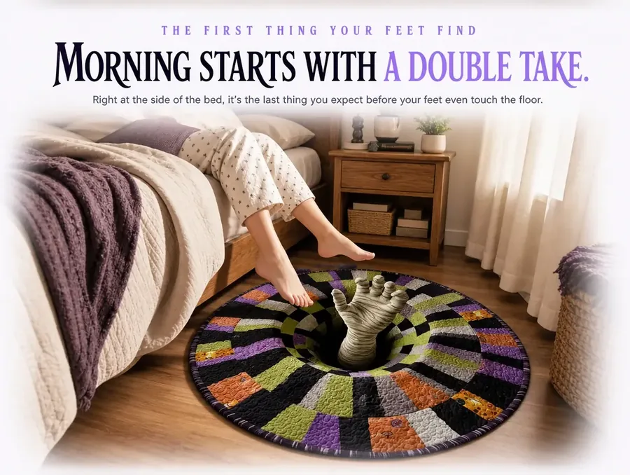 A person hesitating with one foot above the illusion rug's printed hole beside their bed in the morning.