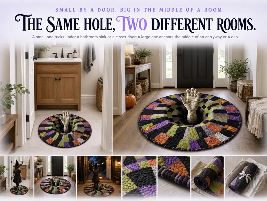 Comparison of a small illusion rug at a bathroom doorway beside a large one filling an open entryway.