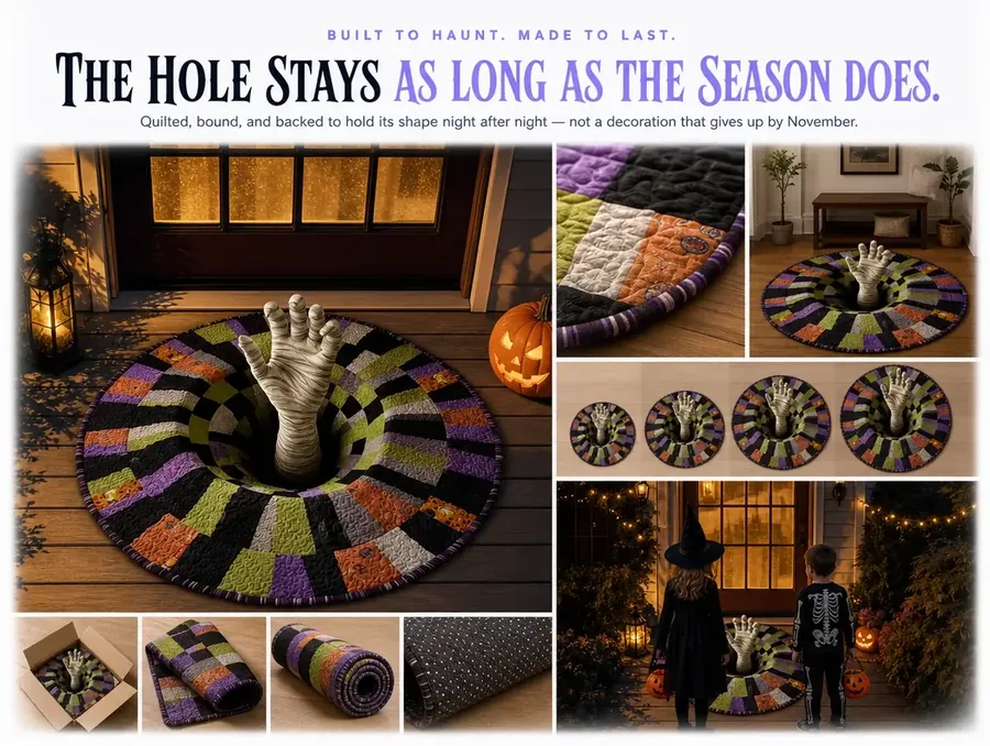 The checkerboard illusion rug alone at night in a porch-lit entryway, closing on the printed hole and hand.